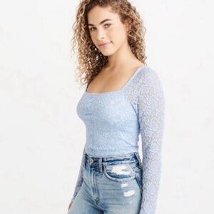 Abercrombie & Fitch Powder Blue Square Neck Long Sleeve Lace Fitted Top/Medium